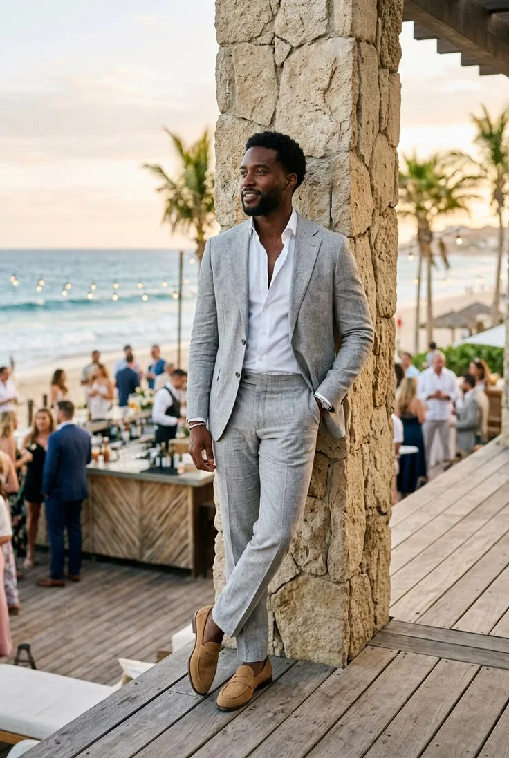 Traje gris claro para recepción de playa
